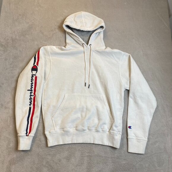Champion Mens Hoodie Small White With Side Stripe Logo Front Pocket Drawstring - Picture 11 of 11